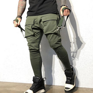 Side Zipper Pockets Cargo Pants Ribbons Taped Men Harem Cargo Jogger Pants