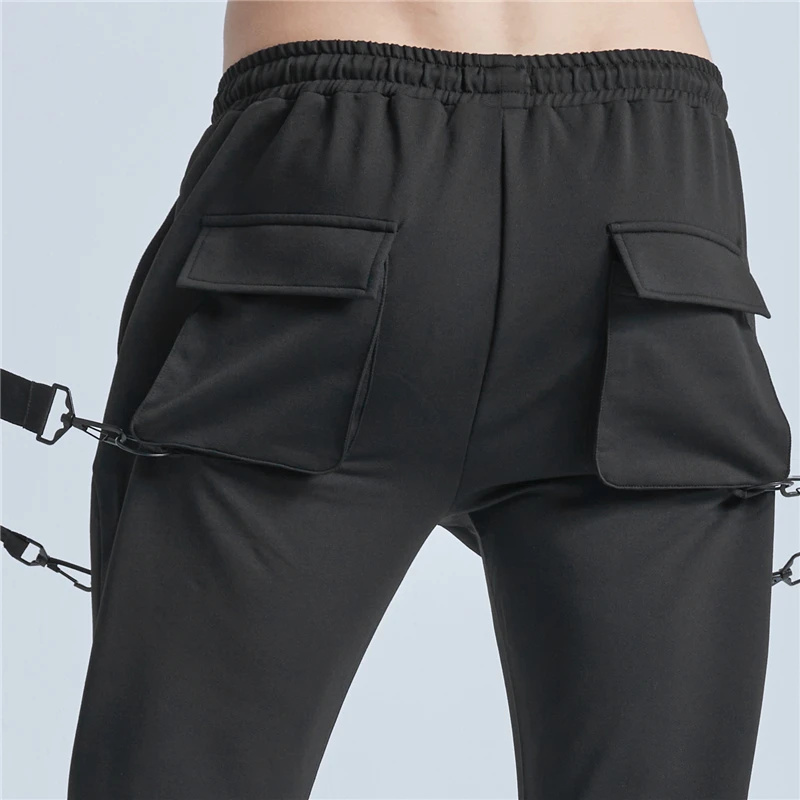 Side Zipper Pockets Cargo Pants Ribbons Taped Men Harem Cargo Jogger Pants