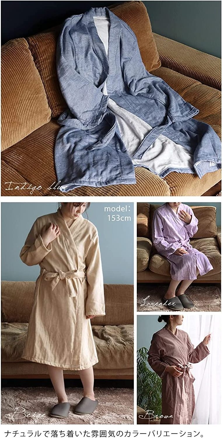 [Wholesale Products] HIORIE Cotton 100% Gauze Towel Bathrobe Women's Sleepwear Kimono Pajama Lounge wear made in Japan Beige