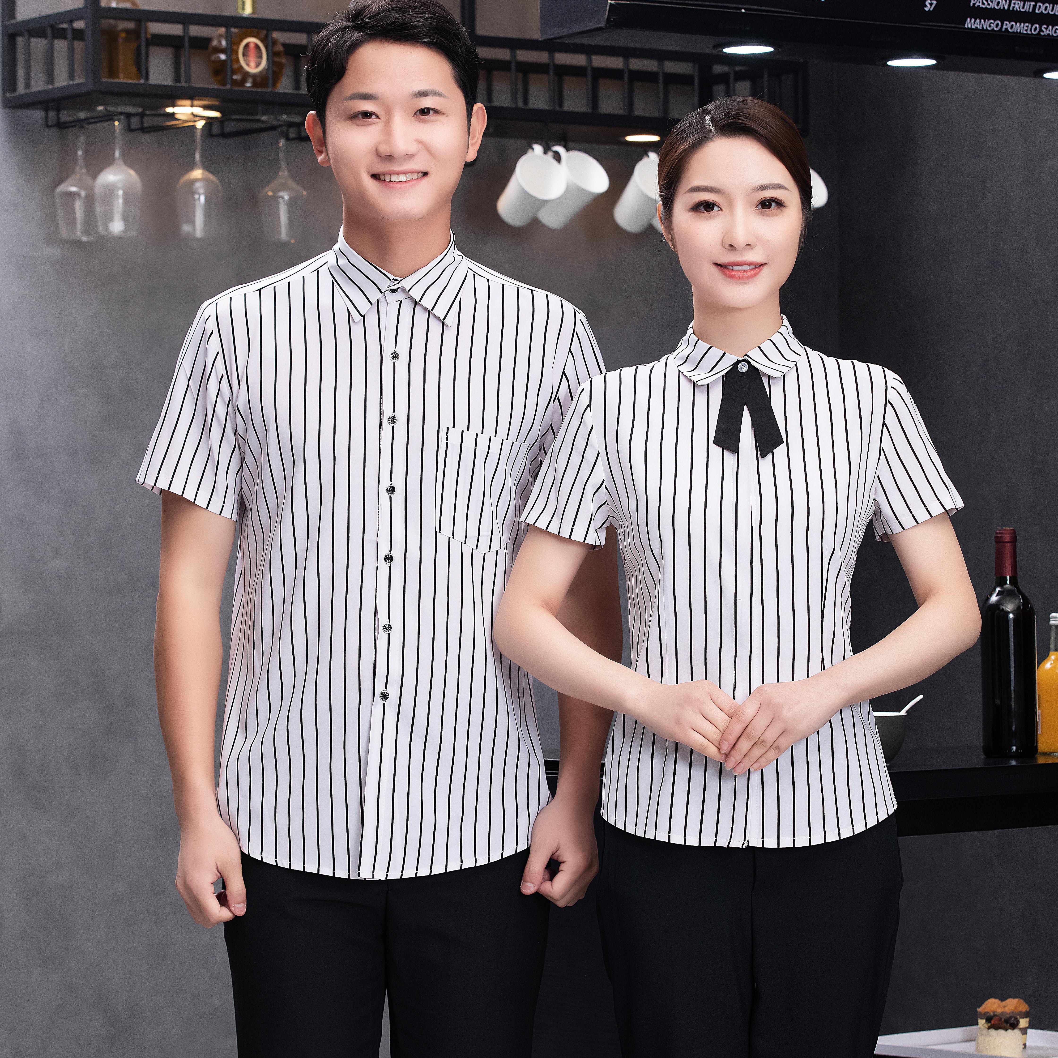 Custom Printing Embroidery Logo Coffee Shop Hotel Waiter Uniform Modern Restaurant Uniforms for Waiters Waitress stripe shirt