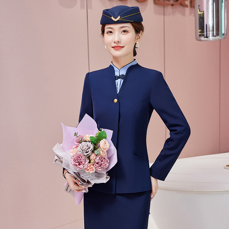 Classical blue red black color jacket suit shirt skirt set custom cabin crew Air Hostess airways stewardess uniform