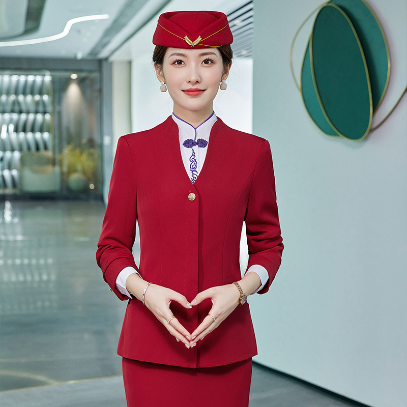 Classical blue red black color jacket suit shirt skirt set custom cabin crew Air Hostess airways stewardess uniform