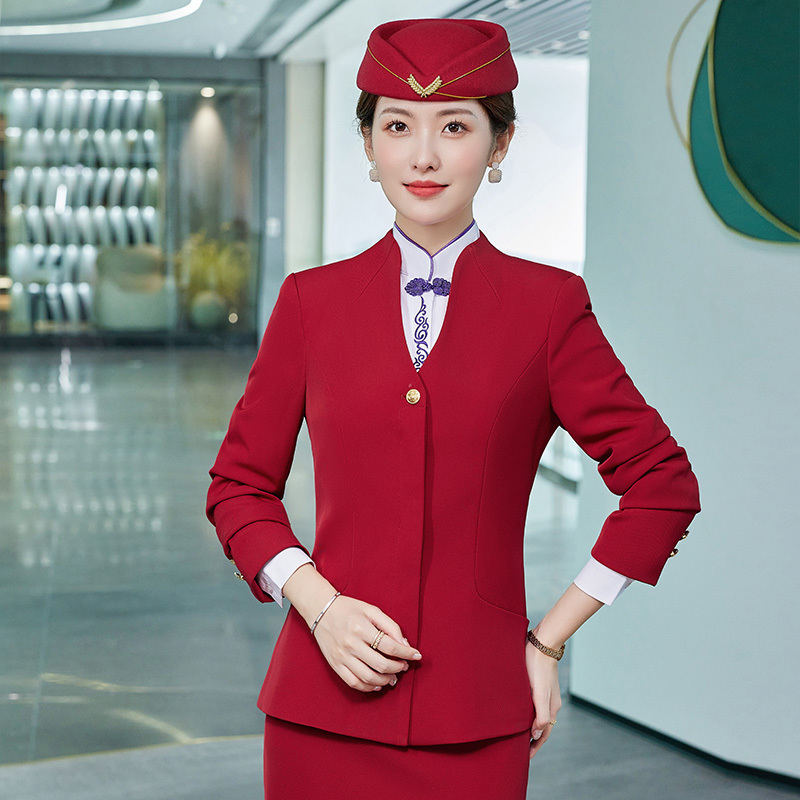 Classical blue red black color jacket suit shirt skirt set custom cabin crew Air Hostess airways stewardess uniform