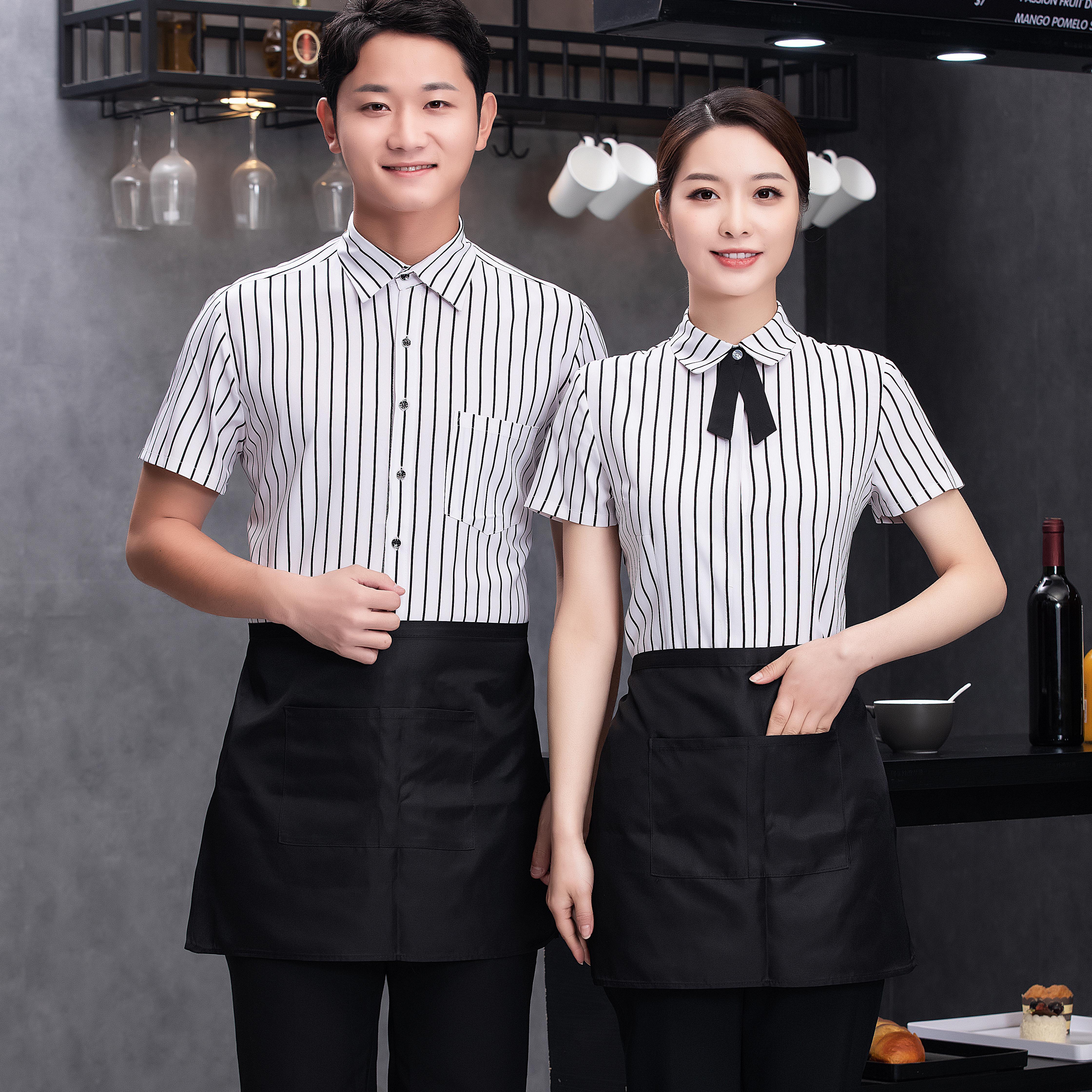 Custom Printing Embroidery Logo Coffee Shop Hotel Waiter Uniform Modern Restaurant Uniforms for Waiters Waitress stripe shirt