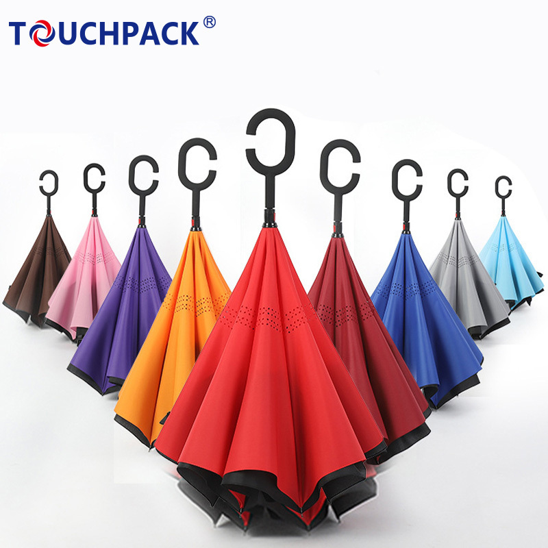 Hot Selling New Products Stock Custom Double Layer Inside Out C Shape Handle Inverted Reverse Umbrella with Logo Prints