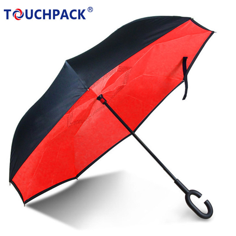 Hot Selling New Products Stock Custom Double Layer Inside Out C Shape Handle Inverted Reverse Umbrella with Logo Prints