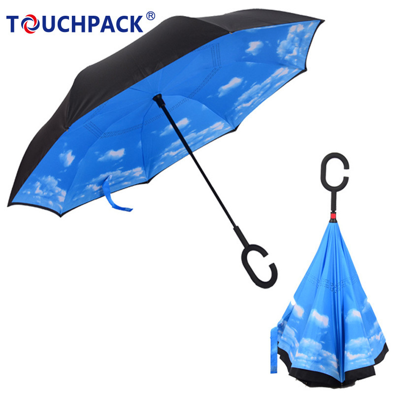 Hot Selling New Products Stock Custom Double Layer Inside Out C Shape Handle Inverted Reverse Umbrella with Logo Prints