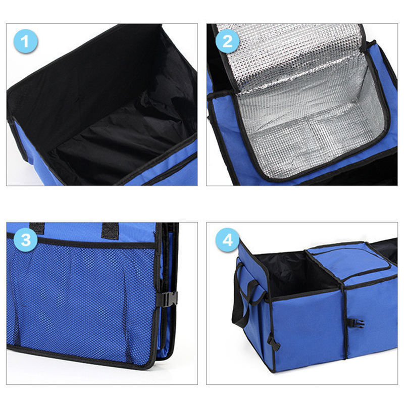 Fabric Car Folding Storage Organizer 3 Compartments Collapsible Oxford Cloth Car Trunk Organizer Bag With Cooler Bag