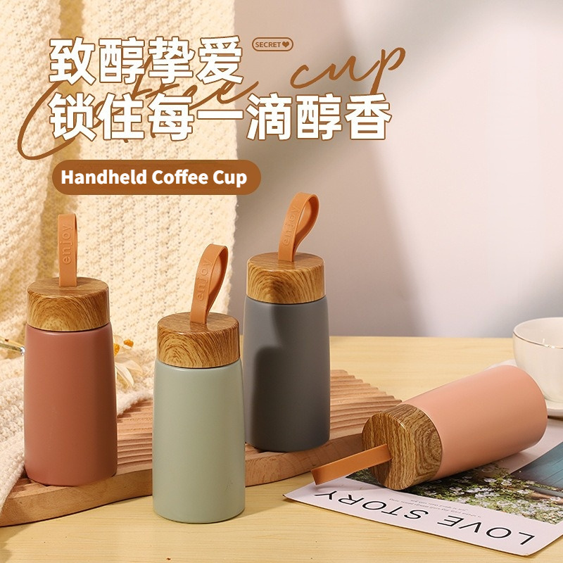 Custom LOGO Mini Stainless Steel Water Bottle Insulated Thermal Water Cups Travel Coffee Mug With Bamboo Wood Like Lid