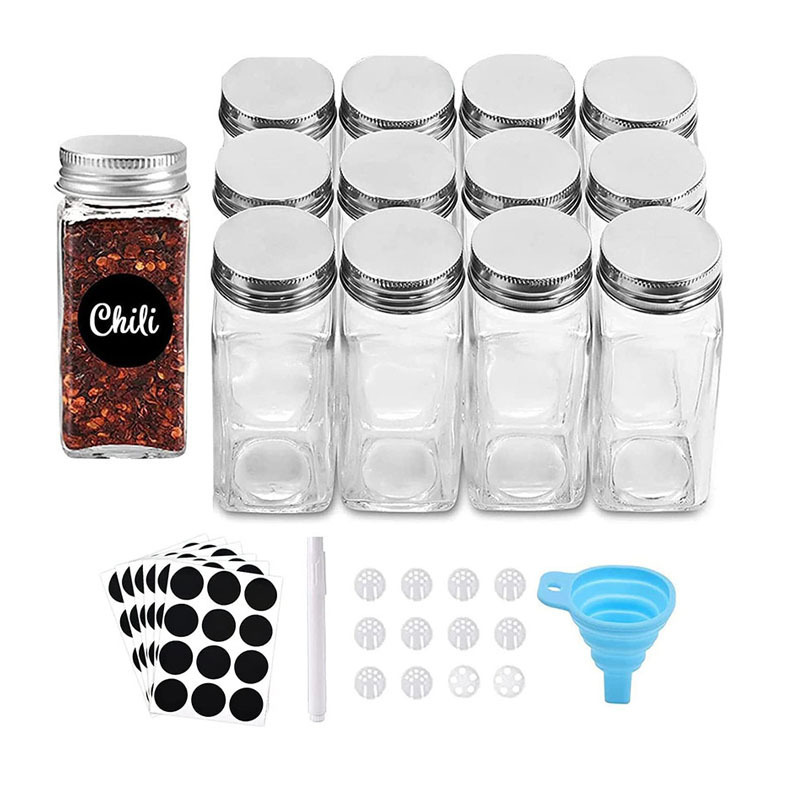 Custom logo Stainless steel lid seasoning jar Glass spice jar square 120ml Glass spice bottle with Silicone funnel brush sticker