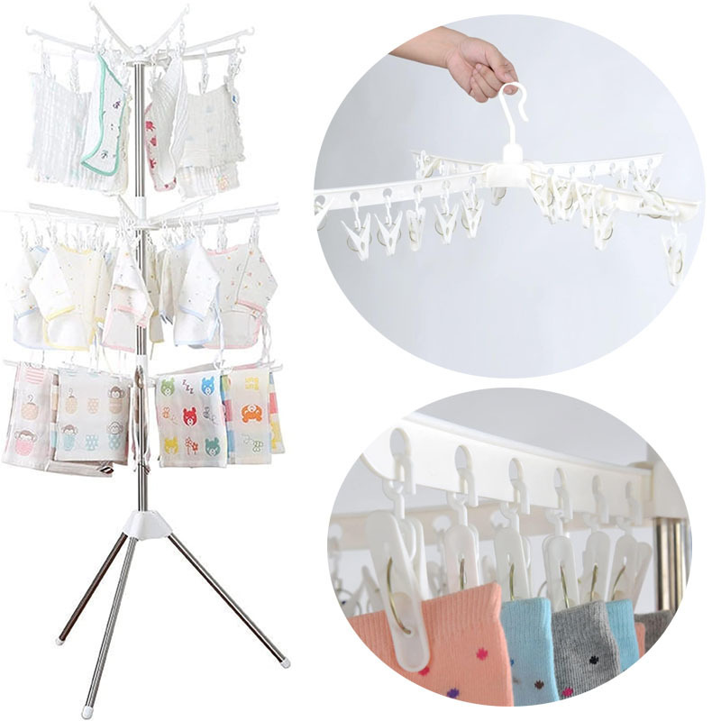 New Creative Products Towel Rack Rotating Collapsible Laundry Hanger 2/3 Tier Folding Kids Cloth Drying Rack For Home