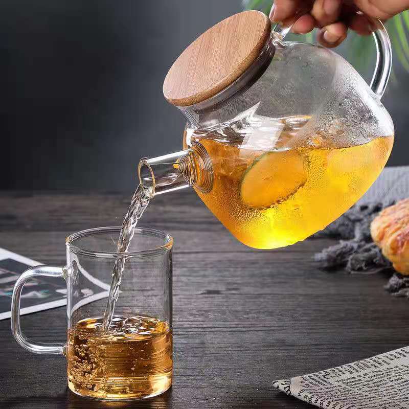 New Custom 1000/1800ml Wholesale bamboo Lid glass Teapot Clear Juice Container Heat Resistant Borosilicate Glass Tea Pots