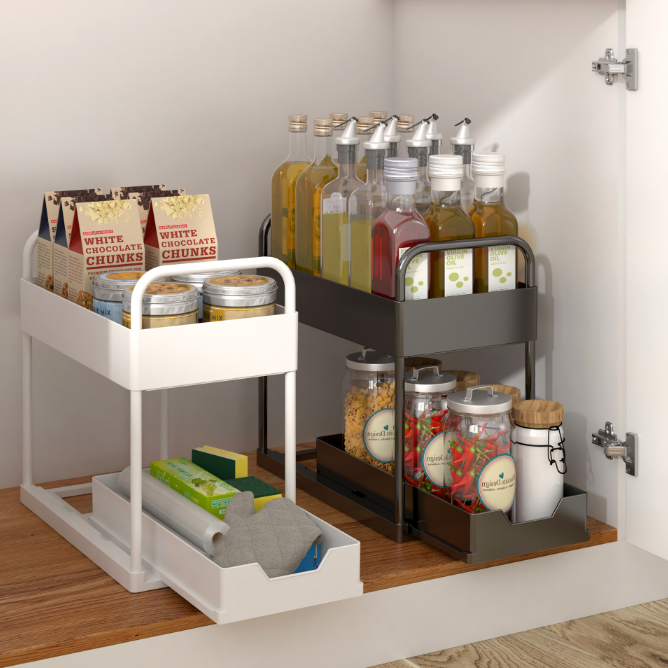 Amz Under Sink Organizer Desktop Storage Shelf Pull Out Double Layer Metal Spice Storage Rack Kitchen Storage Rack