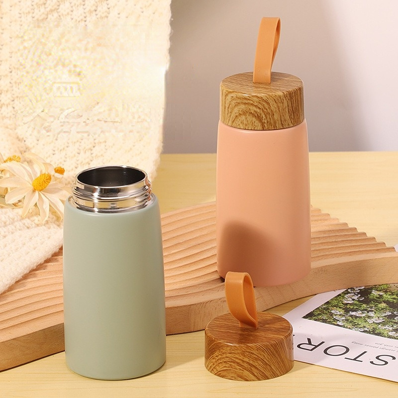 Custom LOGO Mini Stainless Steel Water Bottle Insulated Thermal Water Cups Travel Coffee Mug With Bamboo Wood Like Lid