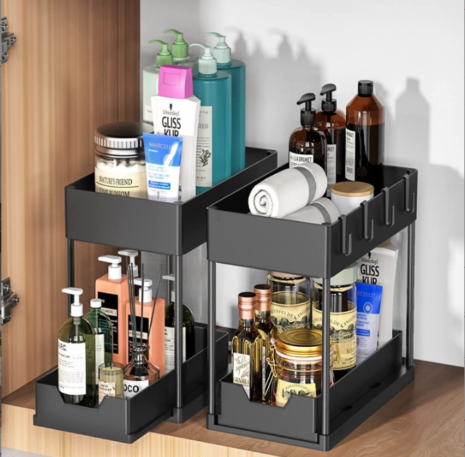 Amz Under Sink Organizer Desktop Storage Shelf Pull Out Double Layer Metal Spice Storage Rack Kitchen Storage Rack