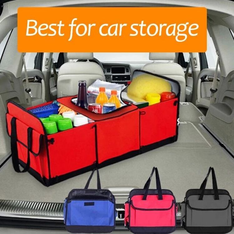 Fabric Car Folding Storage Organizer 3 Compartments Collapsible Oxford Cloth Car Trunk Organizer Bag With Cooler Bag