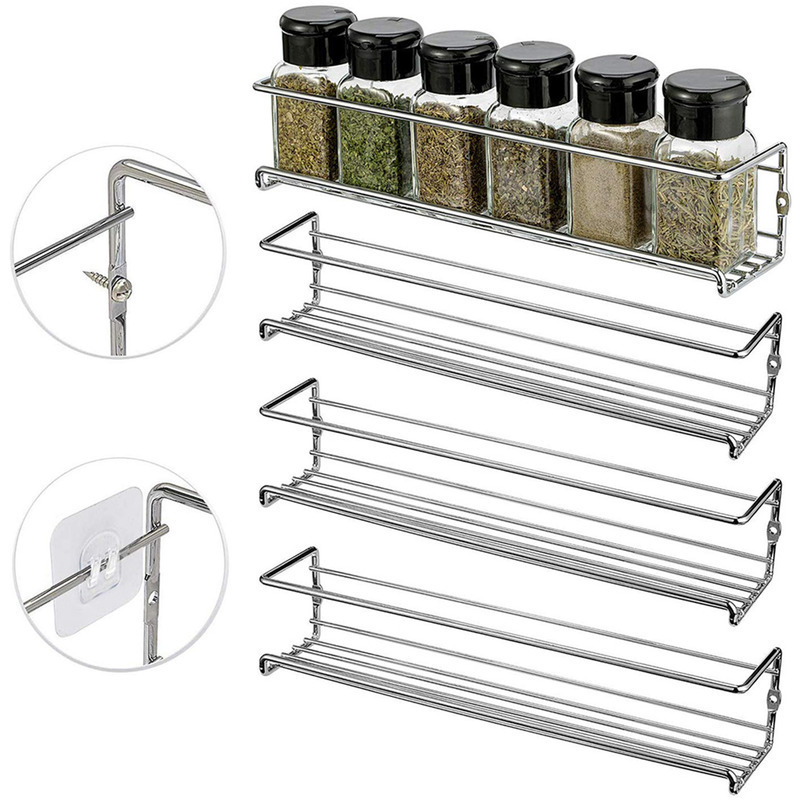 Amz 2024 New Punch-free Wall Metal Mount Tiered Hanging Shelf kitchen Cabinet Metal Spice Rack Organizer For Mason Jar