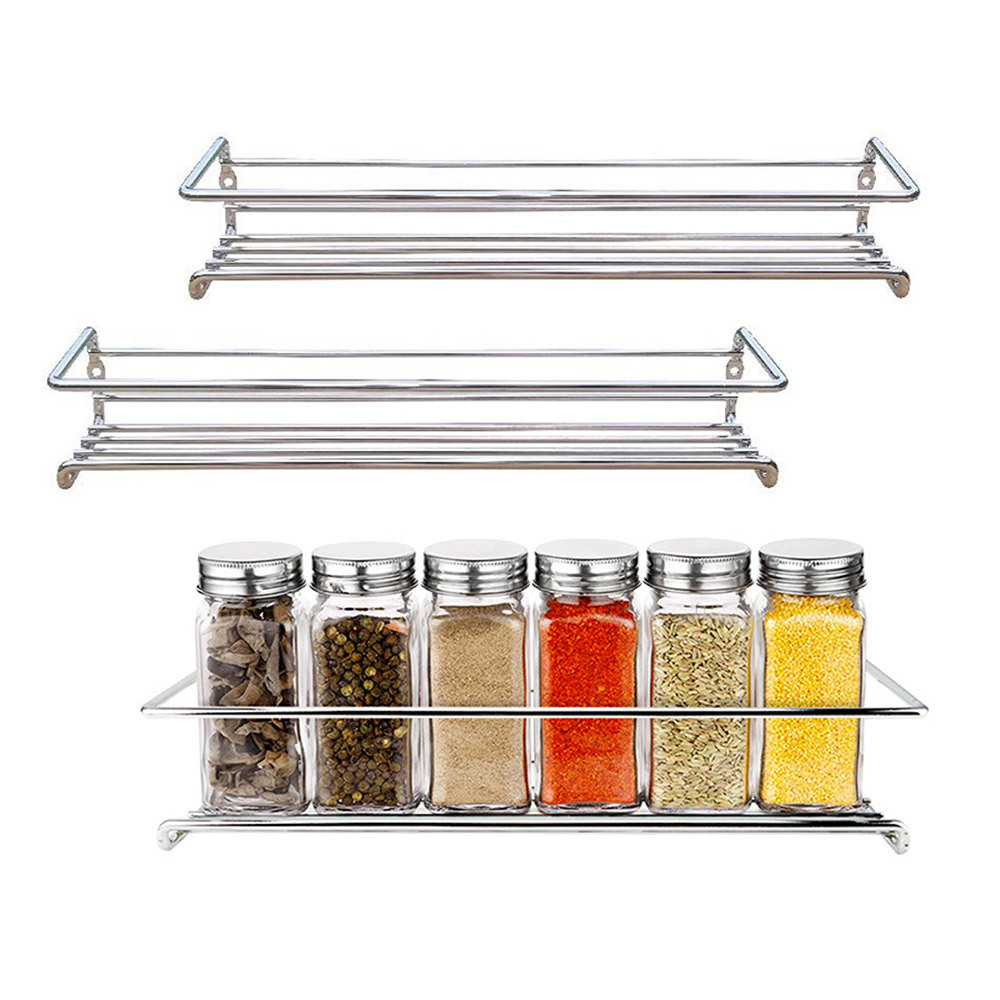 Amz 2024 New Punch-free Wall Metal Mount Tiered Hanging Shelf kitchen Cabinet Metal Spice Rack Organizer For Mason Jar