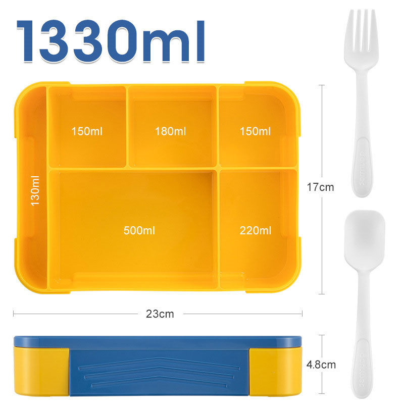 Kids And Students Food Container Sealed 5 Compartments Work Microwavable Heating Plastic Bento Lunch Box With Fruit Salad Boxes