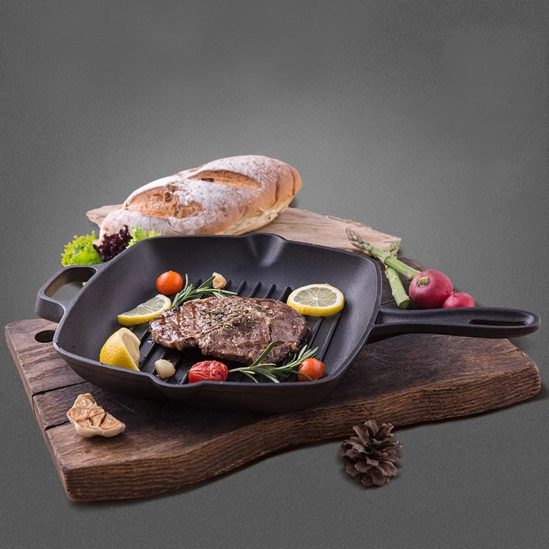 Mini 28cm Cast Iron Grill Pan Uncoated Striped Kitchen Meat Wok Egg Pan Non Stick Steak Frying Pan For Various Stoves