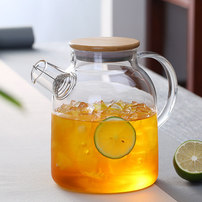 New Custom 1000/1800ml Wholesale bamboo Lid glass Teapot Clear Juice Container Heat Resistant Borosilicate Glass Tea Pots