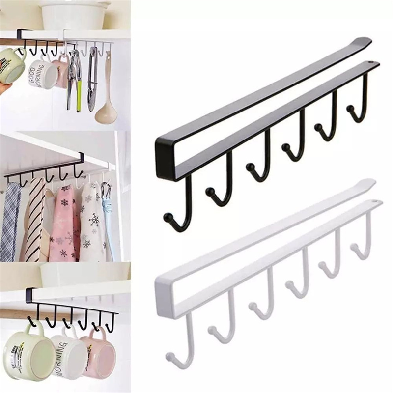 Cabinet 6 hooks Simple Cupboard Cup Bowl Hanging Shelf Holder kitchen black metal wall hook hanger kitchen storage organization