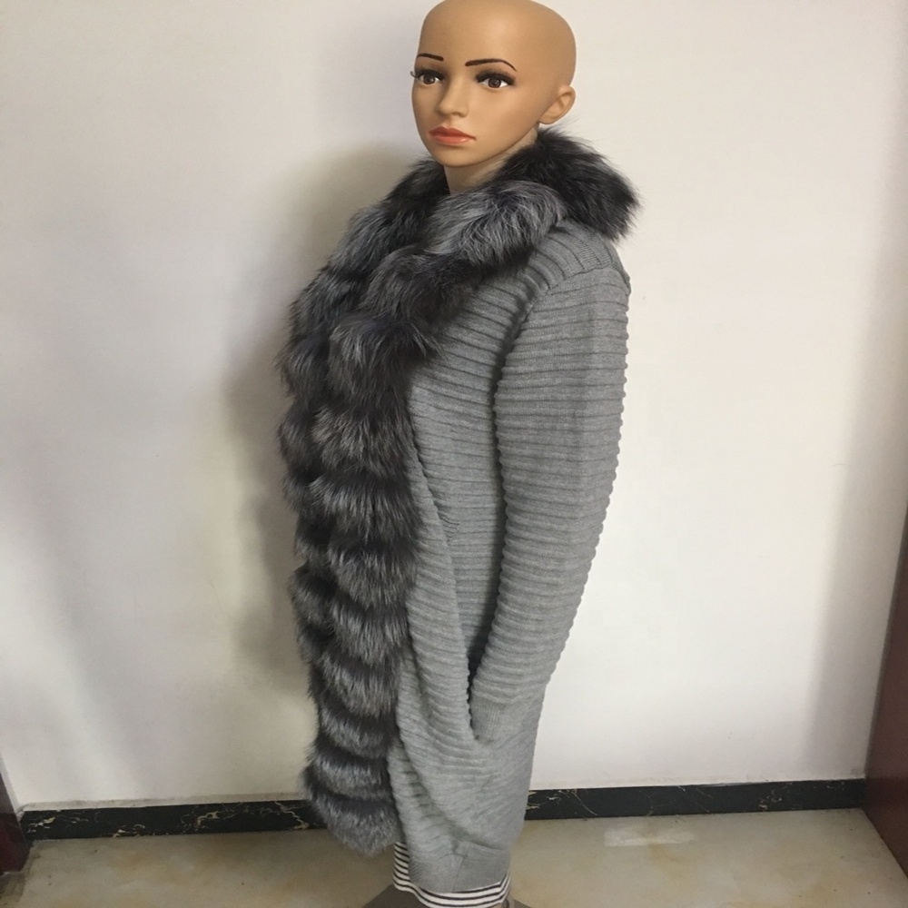 Winter Natural Fur Coat Knitted Long sweater with Real Fox Fur Hood long length Fur cardigan