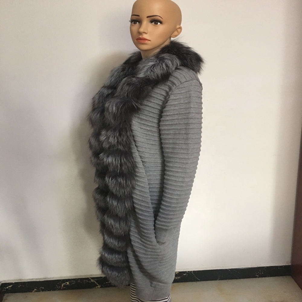 Winter Natural Fur Coat Knitted Long sweater with Real Fox Fur Hood long length Fur cardigan