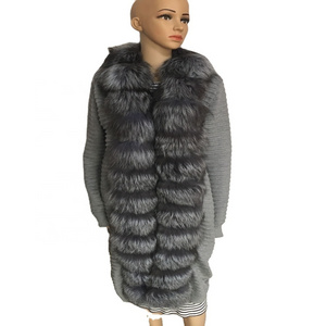 Winter Natural Fur Coat Knitted Long sweater with Real Fox Fur Hood long length Fur cardigan