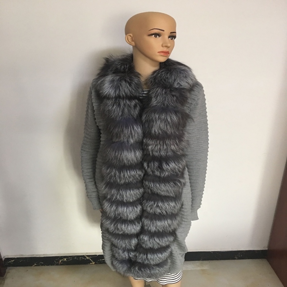 Winter Natural Fur Coat Knitted Long sweater with Real Fox Fur Hood long length Fur cardigan