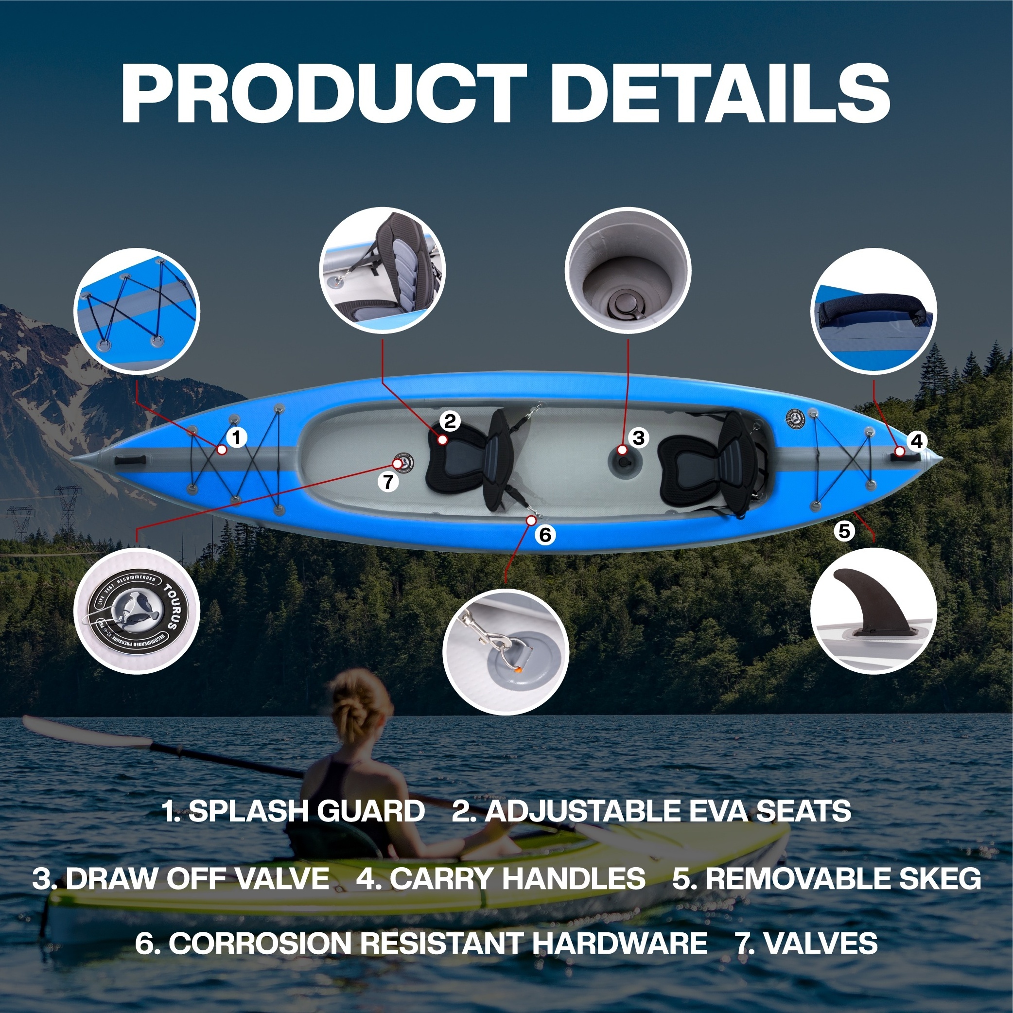 TOURUS kayak oem logo rigid performance PVC material 1or 2 persons inflatable drop stitch kayak