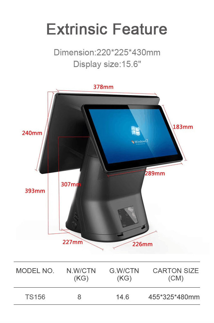 touch dual screen cashier machine restaurant automatic pos terminal cash register with barcode scanner