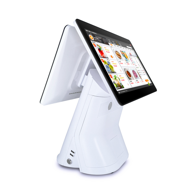 touch dual screen cashier machine restaurant automatic pos terminal cash register with barcode scanner