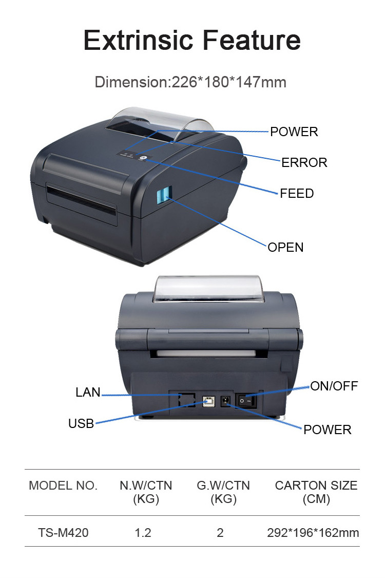 160mm/s High Speed Printing 4x110mm Wireless Thermal Receipt Barcode Printer USB LAN Blue tooth Connection Desktop Label Printer