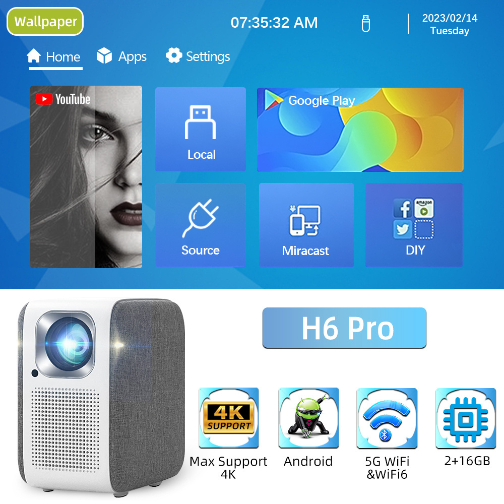 OEM ODM Touyinger H6 mini Android video projector 1080p projetor full hd 1920 x 1080 2G+16G