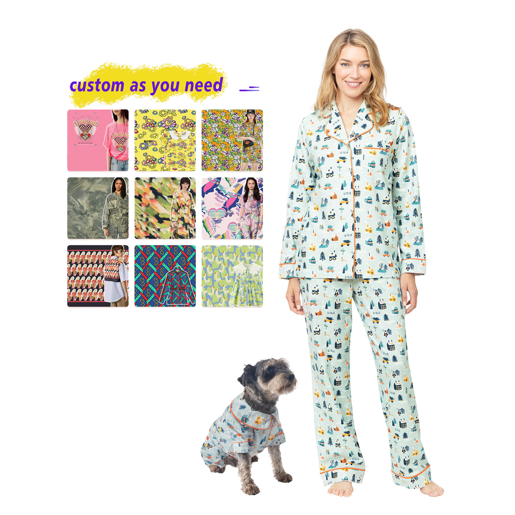 Custom Patterns Button-Front Matching Pet & Owner Pajamas Matching Outfits Pajamas Onesies & PJs for Dogs dog human matching