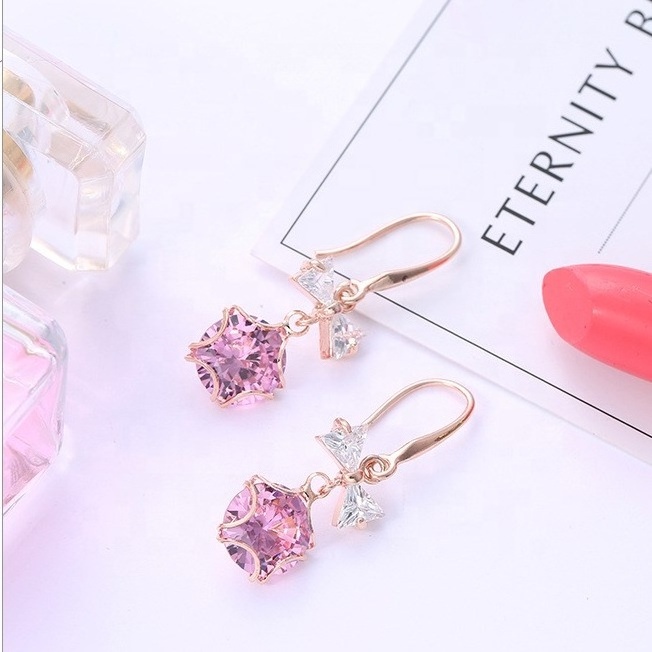 Cute Female Crystal Round Star Bow Drop Earrings Fashion  Zircon Stone Earrings White Pink Dangle Earrings