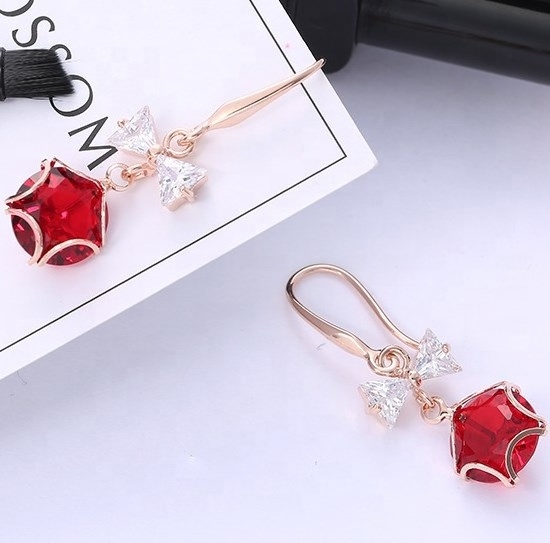 Cute Female Crystal Round Star Bow Drop Earrings Fashion  Zircon Stone Earrings White Pink Dangle Earrings