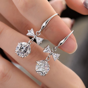 Cute Female Crystal Round Star Bow Drop Earrings Fashion  Zircon Stone Earrings White Pink Dangle Earrings