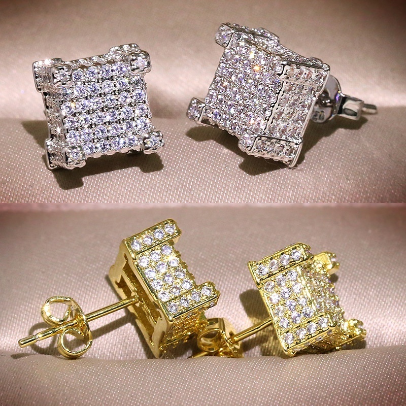 Hip Hop Vintage Fashion Jewelry Gold Fill Pave White Clear  Cubic Zircon Popular Women Stud Earring