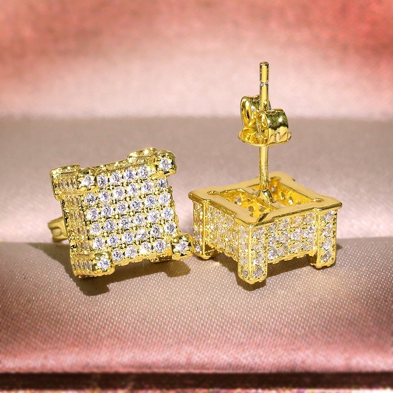 Hip Hop Vintage Fashion Jewelry Gold Fill Pave White Clear  Cubic Zircon Popular Women Stud Earring