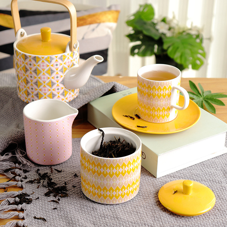 Elegant afternoon tea wholesale colorful rhomboids decal 17 pcs ceramic tea set with teapot