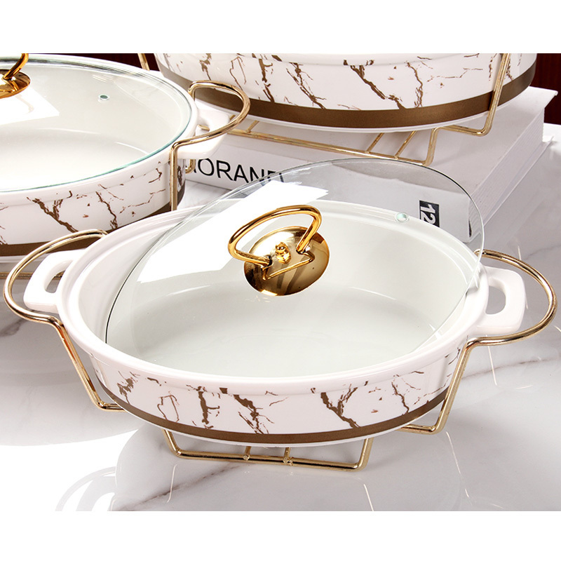 Factory direct sell gold oval shape casserole marble ceramic buffet soup pot with iron stand