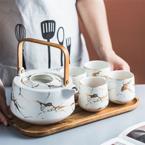 European style luxury black white marble porcelain coffee and tea set with teapot