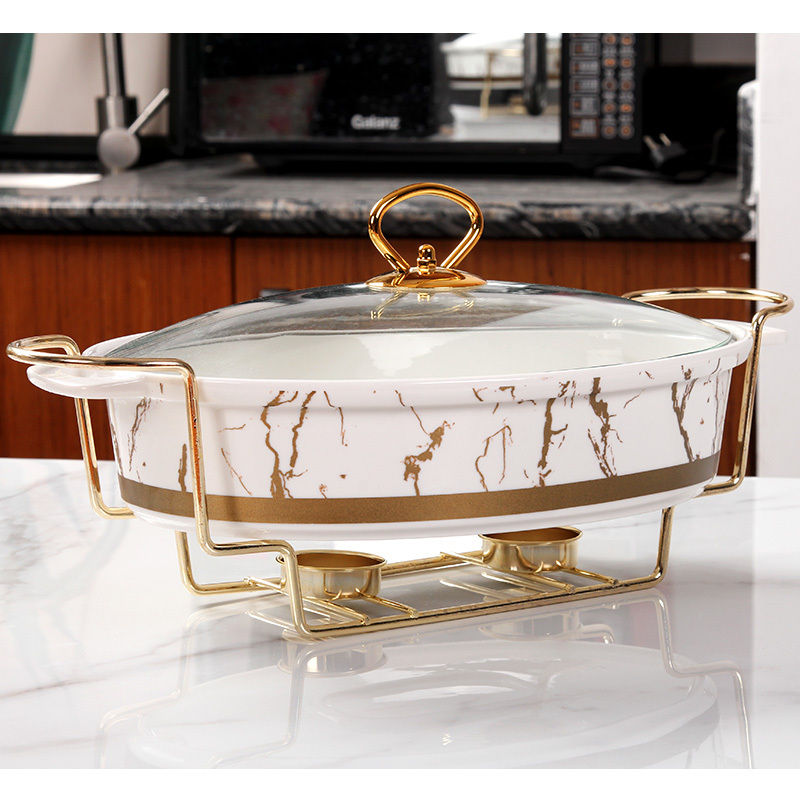 Factory direct sell gold oval shape casserole marble ceramic buffet soup pot with iron stand