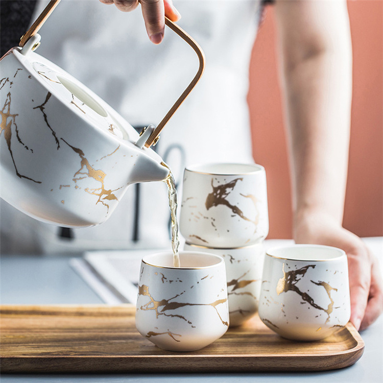 European style luxury black white marble porcelain coffee and tea set with teapot