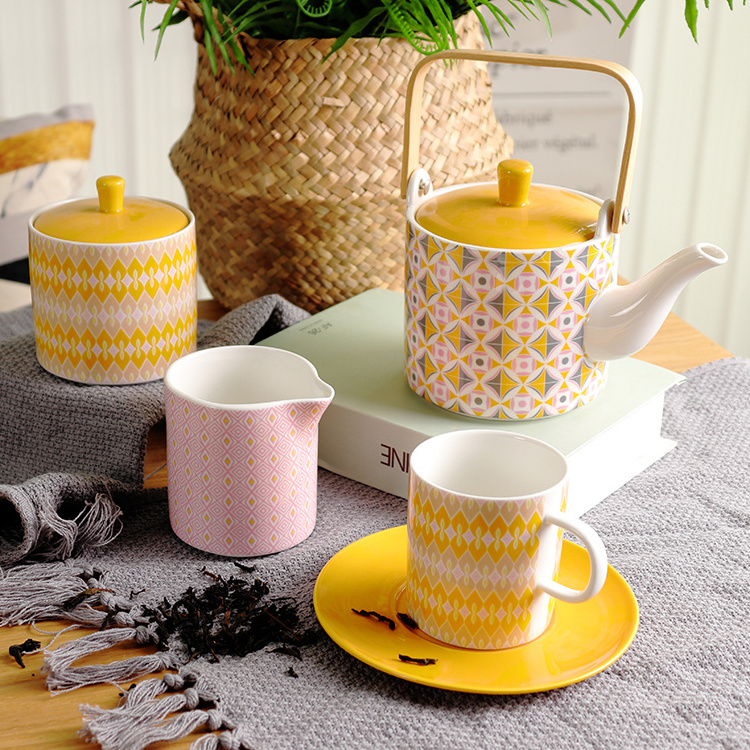 Elegant afternoon tea wholesale colorful rhomboids decal 17 pcs ceramic tea set with teapot