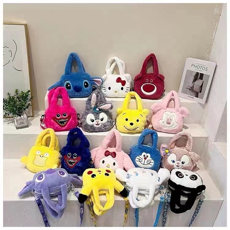 Factory Wholesale Cartoon Soft My Bag Melody Kuromi Cinnamoroll Stitch Kitty Pikachu Plush Backpack Handbag Plush Toy Sanrio Bag