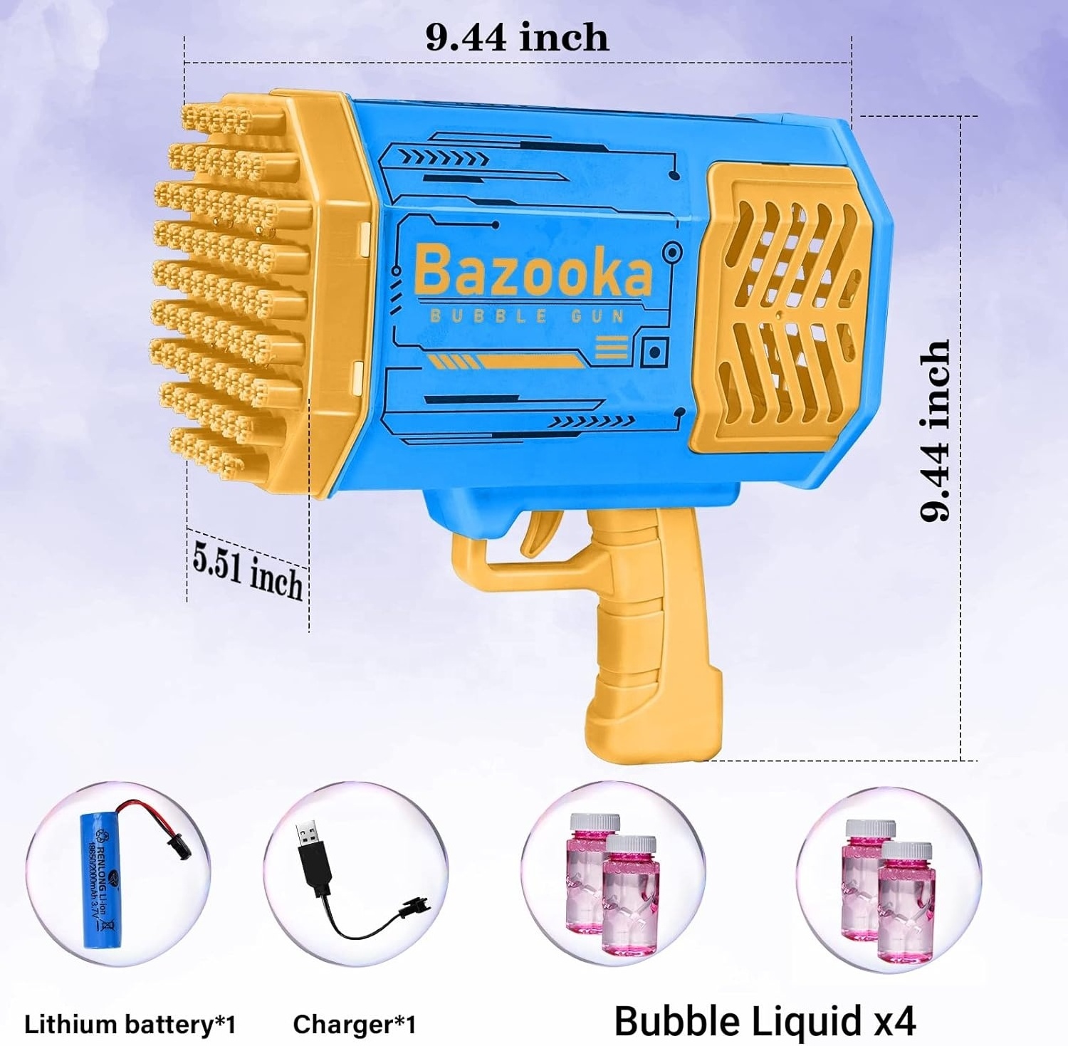 69 Holes Bazooka Bubble Machine with Bubble Solution Kids Soap Water Rechargeable Bubble Gun for Party