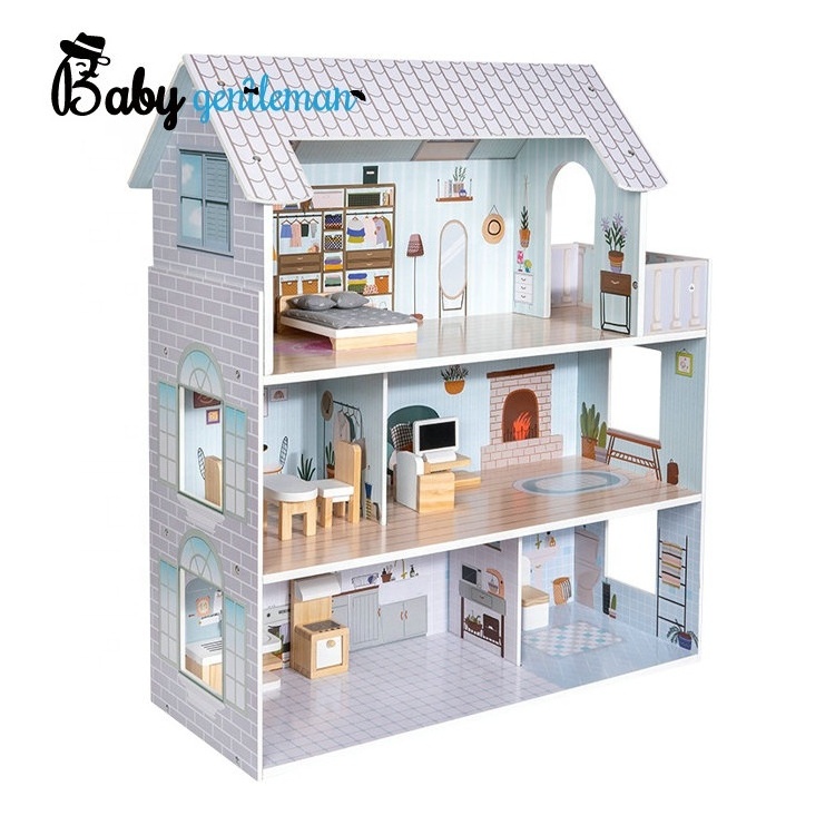 Kids Pretend Play Simulation 3 Floors Wooden Dollhouse With Furniture Kit Z06563A